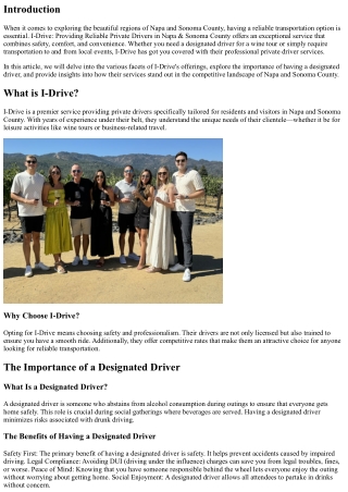 I-Drive: Providing Reliable Private Drivers in Napa & Sonoma County