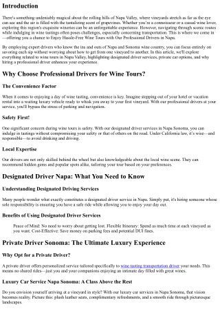 Enjoy Hassle-Free Wine Tours with Our Professional Drivers in Napa