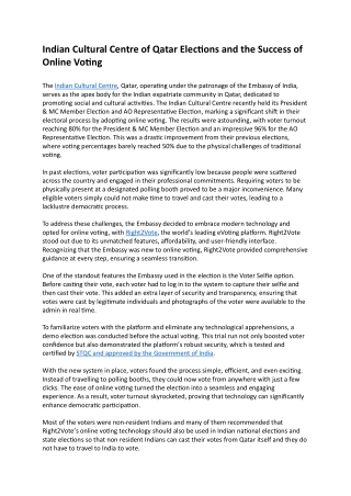 Indian Cultural Centre of Qatar Elections and the Success of Online Voting