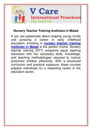 Nursery Teacher Training Institutes in Malad