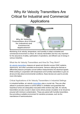 Why Air Velocity Transmitters Are Critical for Industrial and Commercial Applications