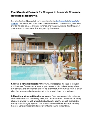 Find Greatest Resorts for Couples in Lonavala Romantic Retreats at Nostravila