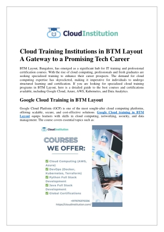 Cloud Training Institutions in BTM Layout A Gateway to a Promising Tech Career
