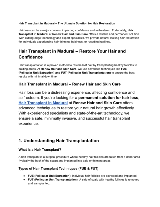 hair transplant in madurai - Renew Hair and Skin Care
