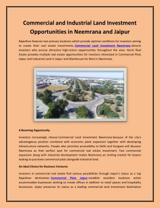 Commercial and Industrial Land Investment Opportunities in Neemrana and Jaipur