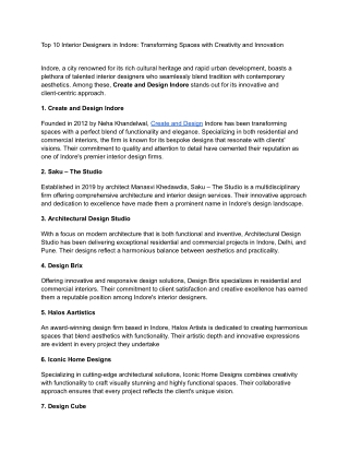 Top 10 Interior Designers in Indore: Transforming Spaces with Creativity and Inn