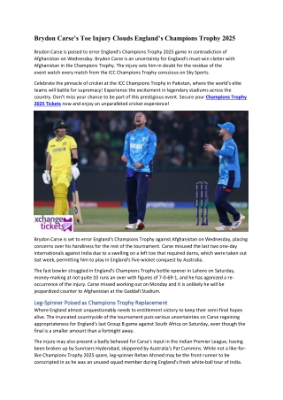 Brydon Carse’s Toe Injury Clouds England’s Champions Trophy 2025