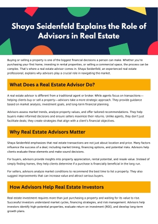 Shaya Seidenfeld Explains the Role of Advisors in Real Estate