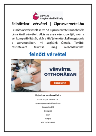 Felnőttkori vérvétel  Ciprusvervetel.hu
