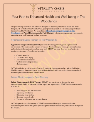 Hyperbaric Oxygen Therapy in The Woodlands at Vitality Oasis