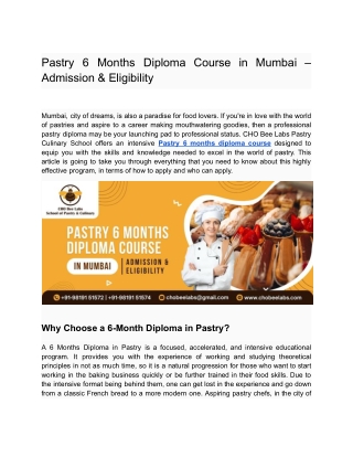 Pastry 6 Months Diploma Course in Mumbai – Admission & Eligibility
