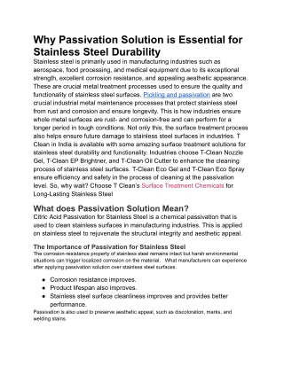 What Is Passivation Solution? How It Protects Steel | Tclean