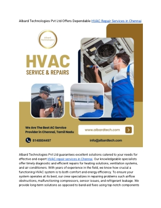 Albard Technologies Pvt Ltd Offers Dependable HVAC Repair Services in Chennai