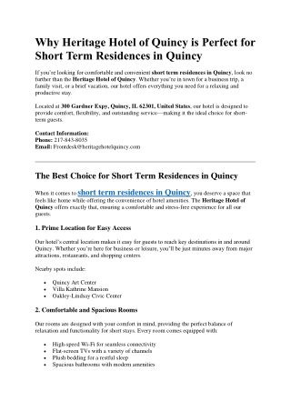 Why Heritage Hotel of Quincy is Perfect for Short Term Residences in Quincy