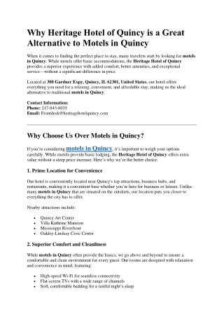 Why Heritage Hotel of Quincy is a Great Alternative to Motels in Quincy