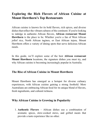 Exploring the Rich Flavors of African Cuisine at Mount Hawthorn’s Top Restaurants