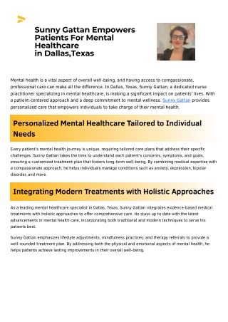 Sunny Gattan Empowers Patients For Mental Healthcare in Dallas  Texas