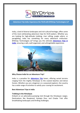 Book Adventure Packages India at BYDtrips Technologies LLP