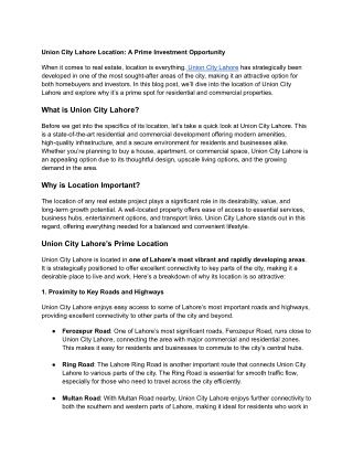 Union City Lahore Location: A Prime Investment Opportunity