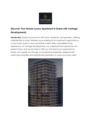 Luxury Apartments in Dubai – Your Exclusive Living Experience by Vantage Develop