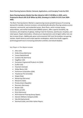 Resin Flooring Systems Market - Comprehensive Study Report & Recent Trends 2024-