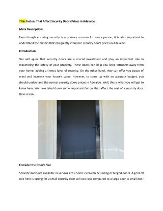 Factors That Affect Security Doors Prices in Adelaide