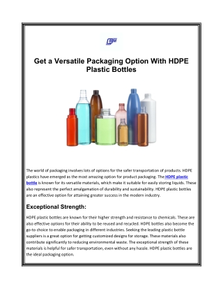 Get a Versatile Packaging Option With HDPE Plastic Bottles