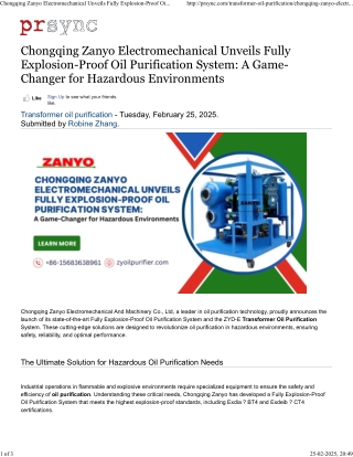 Chongqing Zanyo Electromechanical Unveils Fully Explosion-Proof Oil Purification System_ A Game-Changer for Hazardous En
