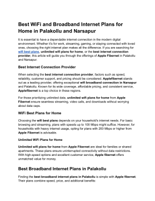 Best WiFi and Broadband Internet Plans for Home in Palakollu and Narsapur