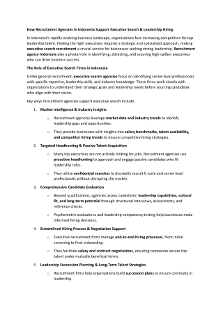 How Recruitment Agencies in Indonesia Support Executive Search & Leadership Hiri