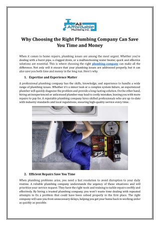 Why Choosing the Right Plumbing Company Can Save You Time and Money