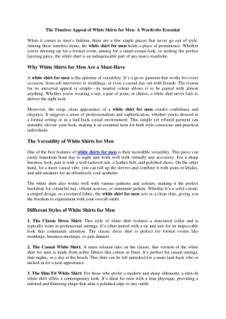 The Timeless Appeal of White Shirts for Men A Wardrobe Essential