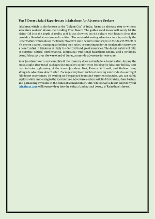 Top 5 Desert Safari Experiences in Jaisalmer for Adventure Seekers