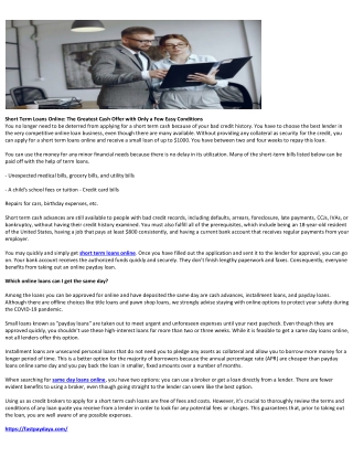 Short Term Loans Online The Greatest Cash Offer with Only a Few Easy Conditions
