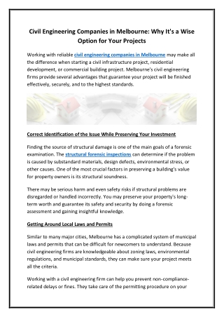 Civil Engineering Companies in Melbourne Why It's a Wise Option for Your Projects