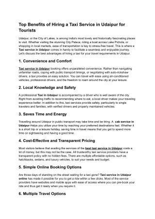 Top Benefits of Hiring a Taxi Service in Udaipur for Tourists