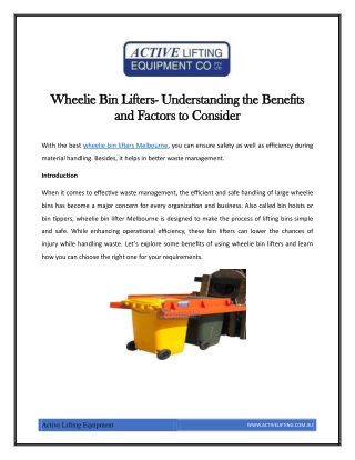 Wheelie bin lifters Melbourne- Understanding the Benefits to Consider