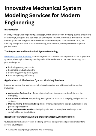 Innovative Mechanical System Modeling Services for Modern Engineering