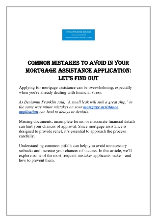Common Mistakes to Avoid in Your Mortgage Assistance Application