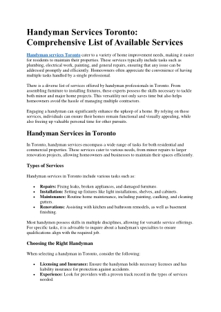 Handyman Services Toronto Comprehensive List of Available Services