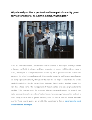Why should you hire a professional from patrol security guard service for hospital security in Selma, Washington