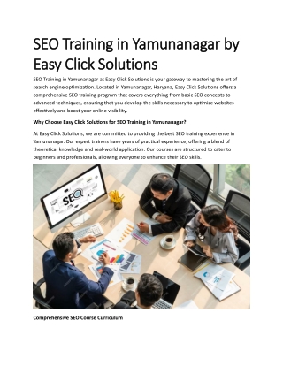 SEO Training in Yamunanagar by Easy Click Solutions