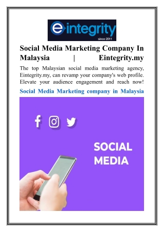Social Media Marketing Company In Malaysia  Eintegrity.my