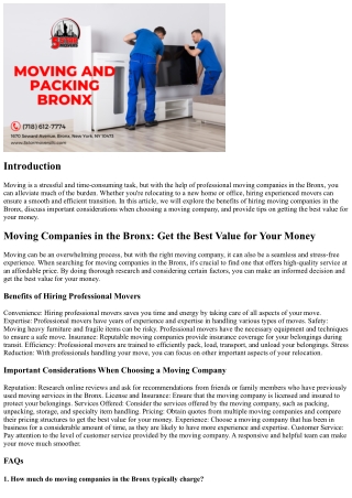 Moving Companies in the Bronx: Get the Best Value for Your Money