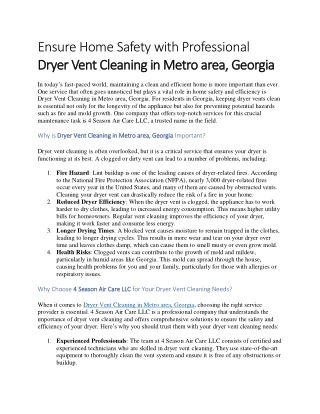 Ensure Home Safety with Professional Dryer Vent Cleaning in Metro area, Georgia