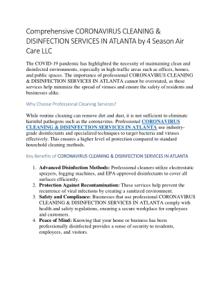 Comprehensive CORONAVIRUS CLEANING & DISINFECTION SERVICES IN ATLANTA by 4 Season Air Care LLC