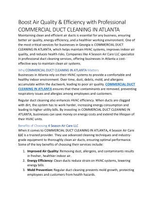 Boost Air Quality & Efficiency with Professional COMMERCIAL DUCT CLEANING IN ATLANTA