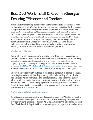 Best Duct Work Install & Repair in Georgia Ensuring Efficiency and Comfort