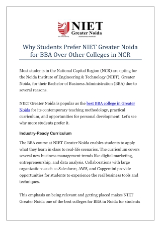 Why Students Prefer NIET Greater Noida for BBA Over Other Colleges in NCR