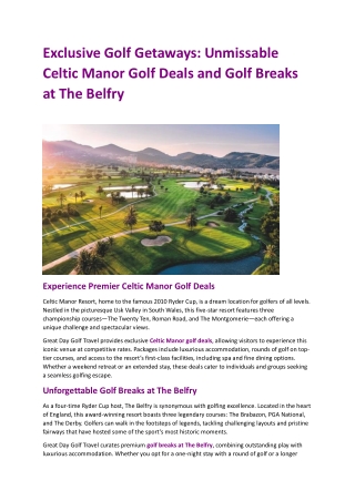 Exclusive Golf Getaways Unmissable Celtic Manor Golf Deals and Golf Breaks at The Belfry